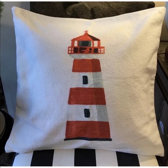 New Indigo White Throw Pillow Nautical Print Lighthouse Cabin Square Cotton - Picture 1 of 8